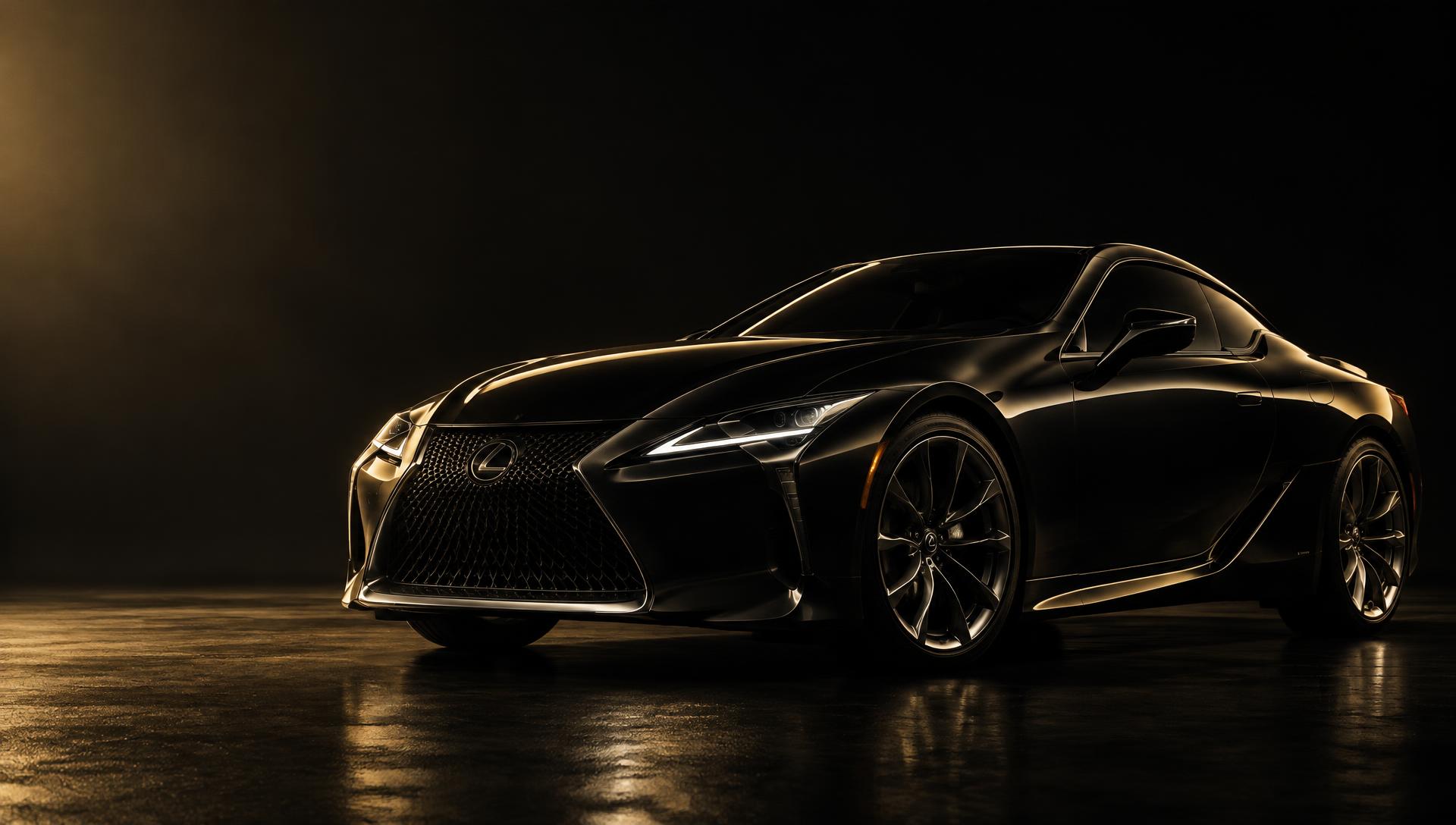 Black luxury coupe under warm studio light